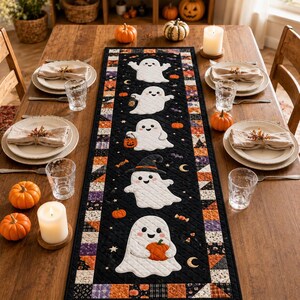 May include: A black quilted table runner featuring five white ghost figures, orange pumpkins, and small candies. The runner is bordered by a colourful patchwork pattern of orange, purple, and black squares, set on a wooden table with place settings.