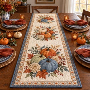 May include: A rectangular quilted table runner featuring a repeating pattern of pumpkins in shades of orange, blue, and green, accented with autumn leaves, berries, and white flowers, all bordered by a decorative blue and orange floral trim.