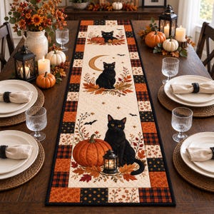 May include: A rectangular table runner featuring a cream-coloured centre panel with a repeating pattern of black cats, orange pumpkins, autumn leaves, crescent moons, and bats. The border consists of a patchwork design in orange, black, and plaid.