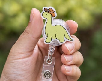 Dinosaur Cowboy Badge Reel, Western Keychain, Phone Charm Accessory