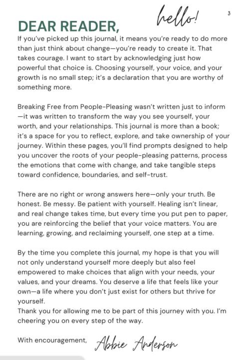 May include: A page from a journal with the title "DEAR READER," and the word "hello!" in cursive. The text discusses self-discovery, growth, and making choices. The author's signature, "Abbie Anderson," is at the bottom.