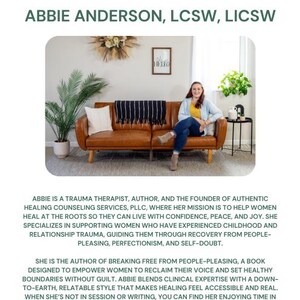 May include: Image of a woman sitting on a brown leather sofa. The text above reads "About the Author" and "Abbie Anderson, LCSW, LICSW". The room has a plant, a framed picture, and a small side table.