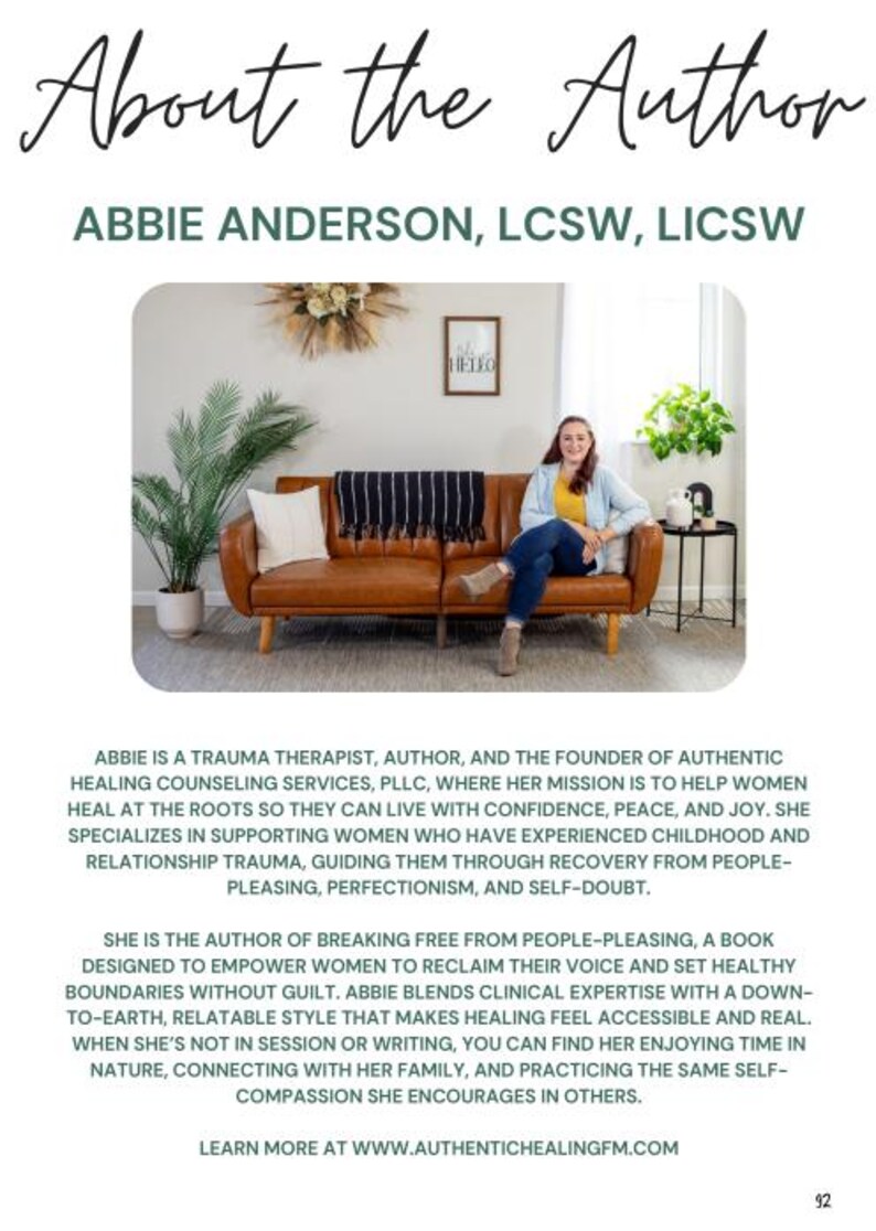 May include: Image of a woman sitting on a brown leather sofa. The text above reads "About the Author" and "Abbie Anderson, LCSW, LICSW". The room has a plant, a framed picture, and a small side table.