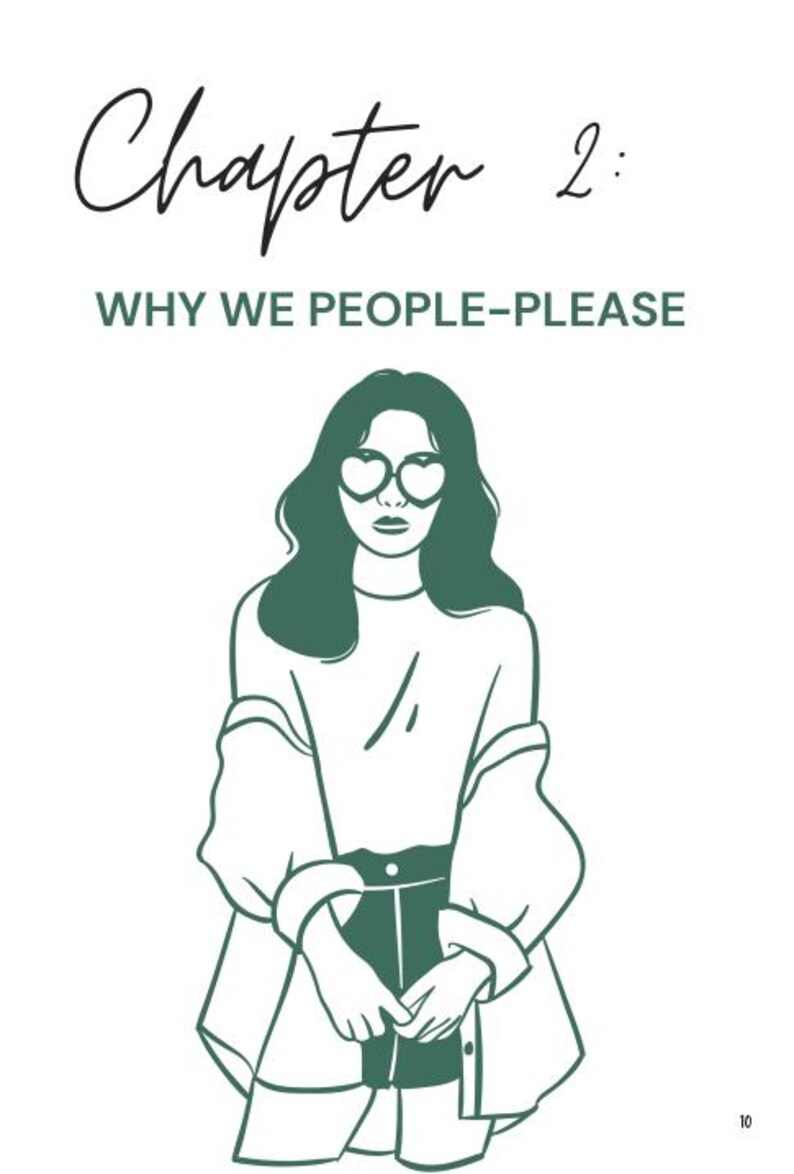 May include: Illustration of a woman wearing heart-shaped glasses, with long hair, and a white top. The text "Chapter 2: WHY WE PEOPLE-PLEASE" is at the top of the image. The image is in a minimalist style with green and white colors.