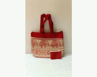 Borsa tote in juta stampata con portamonete, motivo elefante