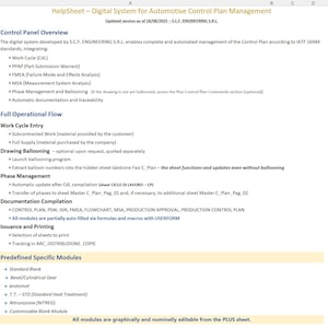 May include: A digital system help sheet for automotive control plan management. The document outlines control panel overview, full operational flow, and predefined specific modules. Includes sections on work cycle, drawing ballooning, phase management, and documentation compilation. Updated as of August 18, 2025.