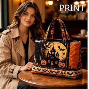 Könnte beinhalten: Eine gesteppte Tragetasche mit Halloween-Motiv, das ein Spukhaus, einen großen gelben Mond, Fledermäuse und orangefarbene Kürbisse zeigt. Die Tasche verfügt über schwarze und orangefarbene Stoffbahnen, zwei stabile Tragegriffe und eine Bordüre.