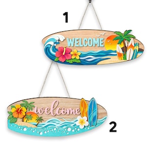Gepersonaliseerde surfplank welkomstbord aangepaste naam strandhuis decor tropische bloemen zomer deurhanger surfen minnaar cadeau kunst aan de muur