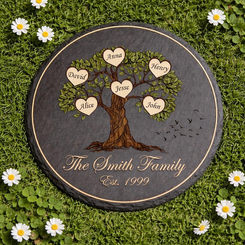 Custom Family Name Sign Slate Stone Plaque Personalized Heart Tree ...