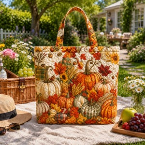 Könnte beinhalten: Eine gesteppte Tragetasche mit einem lebendigen herbstlichen Druck aus orangefarbenen Kürbissen, goldenen Weizenähren und bunten Herbstblättern. Die Tasche hat zwei passende Stoffgriffe und eine rechteckige Form mit einem gesteppten Rautenmuster.