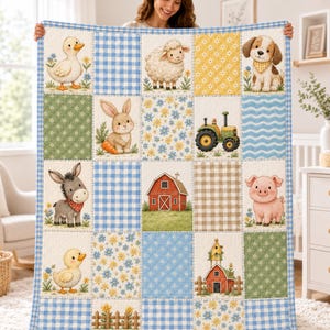 May include: A rectangular quilt featuring a grid of squares with illustrations of a duck, sheep, puppy, rabbit, tractor, donkey, red barn, pig, and birdhouse. The design includes blue gingham, floral, and checkered patterns in soft pastel colors.
