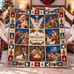 Personalisierte Krippen-Steppdecke mit Familiennamen, religiöses Motiv zur Geburt Jesu, Patchwork-Steppdecke, Weihnachtsgeschenk 2026