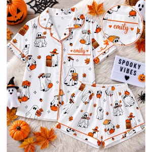 Custom Halloween Pajamas Personalized Name Emily Cute Ghost Reading Books Pjs Set Cozy Pumpkin Witch Pajama Set Bookish Spooky Gift