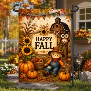 Peut inclure: Un drapeau de jardin rectangulaire avec le texte HAPPY FALL sur un panneau central. La scène comprend un épouvantail, des tournesols, des citrouilles, une grange en bois et un hibou. Le motif est orné de feuilles d'automne et d'une guirlande.