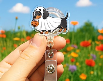 Porta credencial retráctil de acrílico con diseño de fantasma de perro salchicha de Halloween personalizado