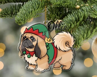 Pekingese Christmas Dog Ornament, Personalized Dog Name Pet Elf Decoration, Custom Pekingese Dog Mom Gift, Xmas Hanging Tree Decor
