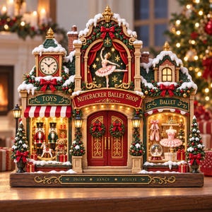 May include: A Nutcracker Ballet Shop miniature building with snow-covered roofs, a clock tower, and illuminated windows. The facade features red doors, a ballerina figure, and signs reading TOYS, NUTCRACKER BALLET SHOP, BALLET, and DREAM DANCE BELIEVE.