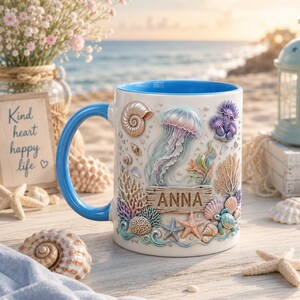 Personalisierter Ozeanbecher mit Namen Anna, niedliche 3D-Quallen- und Meeresschildkröten-Motiv aus Ton, Keramik-Kaffeebecher, Strand, Unterwasserwelt, Sonnenuntergang, Geburtstagsgeschenk