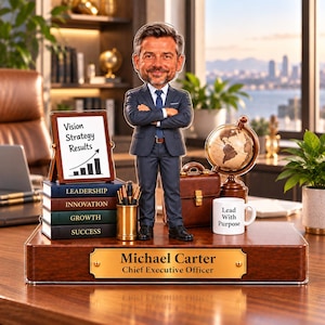 Puede incluir: Una figura cabezona personalizada de un hombre con traje azul marino sobre una base de madera con una placa dorada que dice Michael Carter Chief Executive Officer. La base incluye libros, un globo terráqueo, un maletín y una taza con texto.