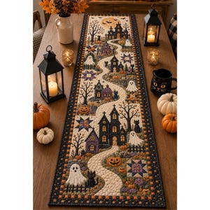 May include: A rectangular fabric table runner featuring a Halloween-themed patchwork design with a winding path, haunted houses, ghosts, black cats, pumpkins, and star patterns in shades of orange, purple, black, and cream with a dark border.