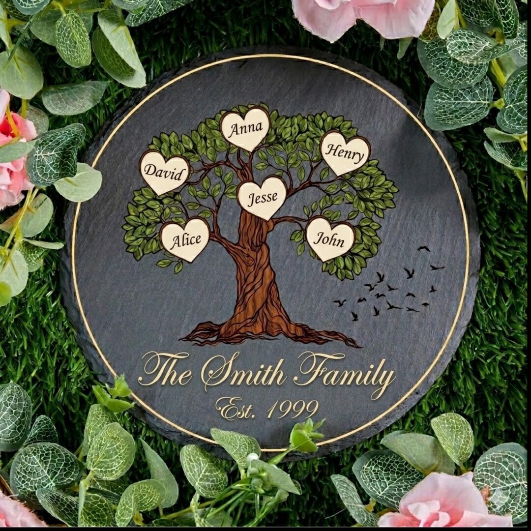 Custom Family Name Sign Slate Stone Plaque Personalized Heart Tree ...