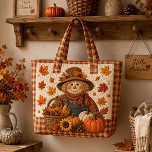 May include: A quilted tote bag featuring a central appliqué of a scarecrow wearing a hat, surrounded by autumn leaves, pumpkins, and a sunflower. The bag has a cream-coloured centre panel and brown and orange plaid fabric on the handles and sides.