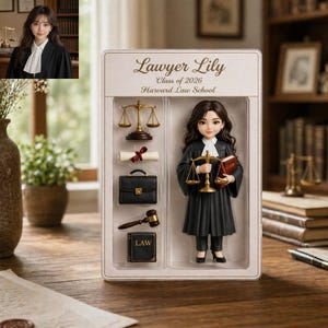 Puede incluir: Figura de "Lawyer Lily" en una vitrina. La figura lleva una toga negra y sostiene una balanza y un libro con la palabra "LAW". La vitrina incluye accesorios en miniatura como un maletín, un mazo y un pergamino. El texto dice "Lawyer Lily, Clase de 2026, Harvard Law School."