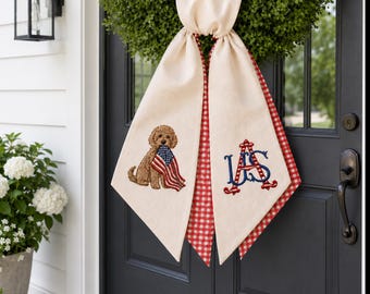 Patriotic Goldendoodle Dog Wreath Sash 2026 Custom Initial Monogram USA Flag Decor Personalized Red Gingham Fourth Of July Banner