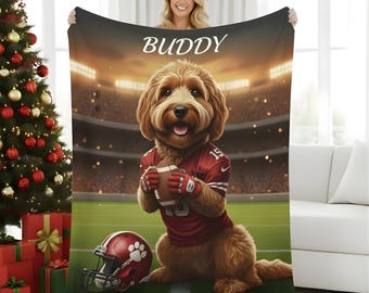 Manta polar de fútbol con nombre personalizado para perro, regalo divertido para fanáticos de los deportes, retrato de mascota, decoración de campo de fútbol, regalo de cumpleaños personalizado para mascota