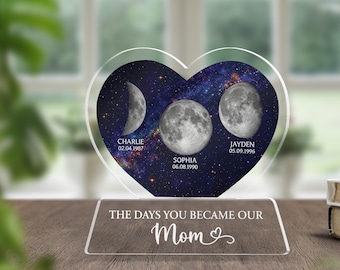 Personalized Mother's Day Gift The Days You Became Our Mom Acrylic Heart Moon Phase Custom Children Names And Birth Date Night Light