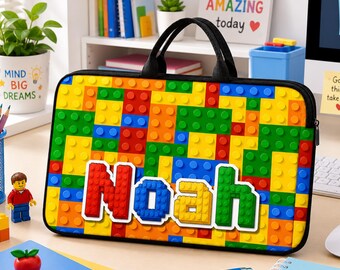 Custom Building Block Laptop Sleeve Personalized Noah Toy Brick Laptop Case With Handle Colorful Kids Computer Bag Back To School Gift