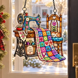 Decoración personalizada para ventana con forma de máquina de coser, diseño 2D plano de acrílico estilo vidriera, ideal para amantes del patchwork. Idea de regalo personalizada para costureras (2026).