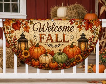 Letrero semicircular de bienvenida al otoño: Calabazas de vidrieras, hojas de otoño, decoración para porches exteriores