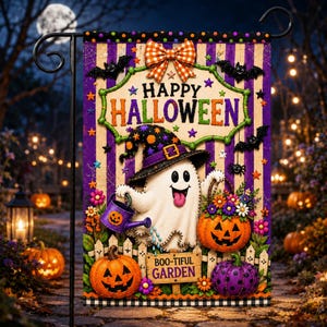 カスタムハロウィンガーデンフラッグ2026魔女ゴーストパンプキンヤードバナー、パーソナライズされた美しいガーデンアウトドアデコレーション、不気味な家のギフト