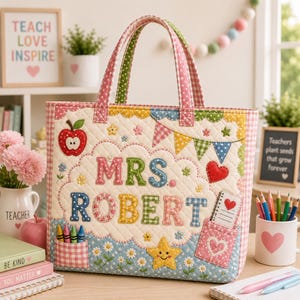 May include: A quilted tote bag featuring a cream-coloured centre with the text MRS. ROBERT in colourful, patterned fabric letters. The bag is decorated with appliqued designs including an apple, a star, flowers, and bunting, with two small pockets containing fabric crayons and a notepad.