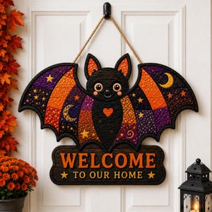 Aangepast deurbord vleermuis Halloween: gepersonaliseerde welkomsthanger, spookachtig herfstdecor