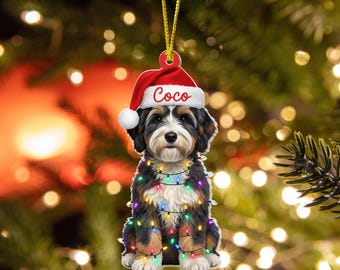 May include: A Christmas ornament featuring a dog wearing a Santa hat with the name "Coco" and a string of colorful lights. The dog has black, brown, and white fur. The ornament hangs from a gold string against a blurred background of Christmas lights.