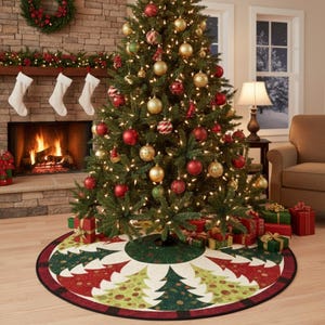 Può includere: Un albero di Natale decorato con ornamenti e luci rosse, dorate e verdi. Una colorata gonna per albero con un motivo ad albero di Natale è alla base. I regali sono posti attorno all'albero. Un camino con calze e una ghirlanda sono sullo sfondo.