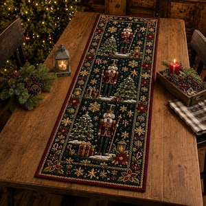 May include: A rectangular table runner featuring a dark green background with a repeating pattern of three nutcracker figures, Christmas trees, wrapped gifts, poinsettias, and gold snowflakes, all bordered by a deep red trim on the edges.