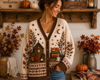 Gilet en maille douillet d'automne style cottagecore : Pull citrouille, renard et scène de chalet