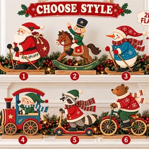 Panneau décoratif de Noël en bois 2026, motif 2D plat représentant le Père Noël, un bonhomme de neige, un train et un cheval à bascule. Décoration de table vintage pour les fêtes. Cadeau 2026.