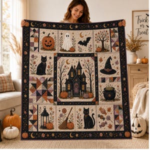 May include: A rectangular Halloween-themed quilt featuring a central haunted house surrounded by blocks depicting a jack-o'-lantern, a ghost, a bat, a black cat, a witch hat, a cauldron, a lantern, a broom, and various sweets on a cream background.