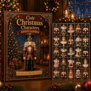 Può includere: Una scatola rettangolare per calendario dell'avvento intitolata Cute Christmas Characters 24 Days of Christmas Magic, con un'illustrazione di uno schiaccianoci. Accanto, un vassoio in plastica trasparente contiene 24 piccole statuine natalizie di topi e schiaccianoci.
