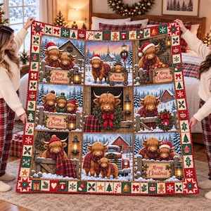 May include: A rectangular quilt featuring a grid of nine panels depicting Highland cattle in snowy winter scenes with Christmas decorations. Each panel shows cattle wearing scarves and hats, with some scenes including red trucks, lanterns, and the text Merry Christmas.