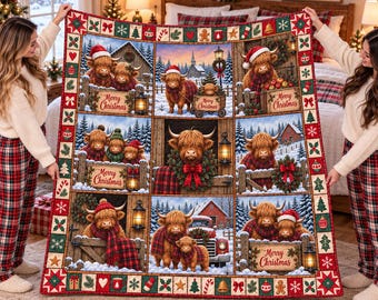 Coperta trapuntata natalizia con mucca delle Highlands 2026, copriletto festivo patchwork con bestiame, decorazione natalizia per camera da letto in stile country/farmhouse, regalo 2026