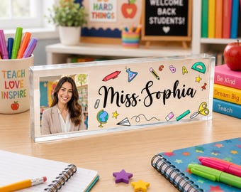 Custom Teacher Acrylic Desk Name Plate Personalized Photo Nameplate Cute School Doodle Block Office Sign Teacher Appreciation Gift