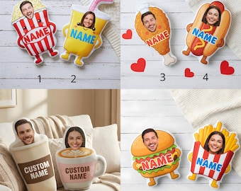 Custom Face Pillow Personalized Photo Gift For Foodie Funny Burger Coffee Popcorn Cushion Unique Birthday Gift For Boyfriend Or Girlfriend
