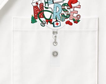 Personalisierte Krankenschwester Weihnachten Abzeichen Reel: Santa Reindeer Stethoskop ID-Tag