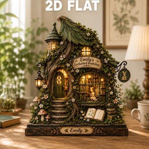 Op de afbeelding: Een decoratief verlicht beeldje in de vorm van een boomstamgebouw met de tekst Emily's Enchanted Bookshop en Emily. Het bevat een feeënfiguur, miniatuurboeken, een hangende lantaarn, kleine witte bloemen, mos en paddenstoelen.