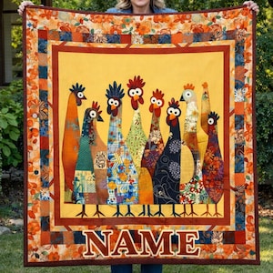 風変わりなチキンフロックキルト、パーソナライズされたファームハウス装飾スロー、フォークアートスタイルのブランケット、鶏の飼い主と田舎の家へのカスタムネームギフト